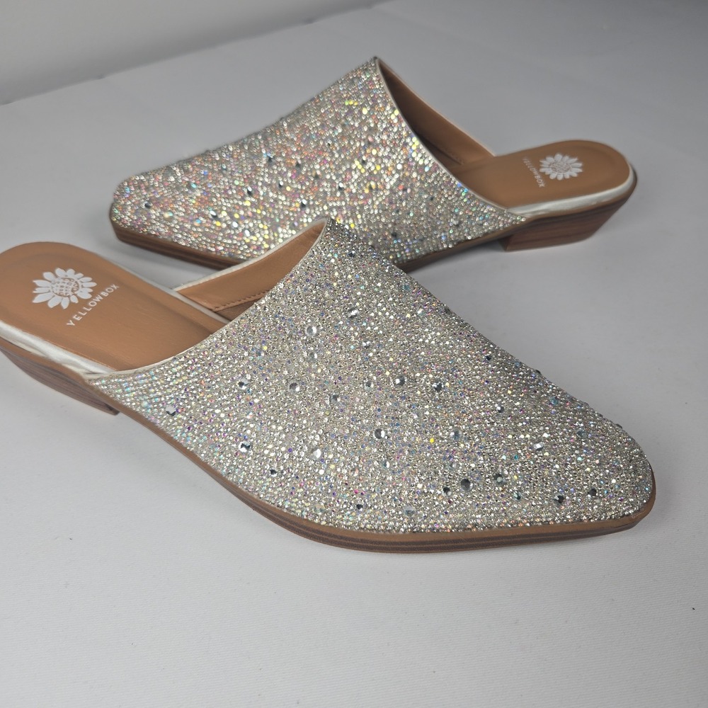 Women's Yellow Box Embellished Glitter Crystal Slip On Mules 9.5